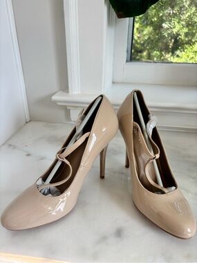 Nude Patent Leather T-Strap High Heel Pumps
